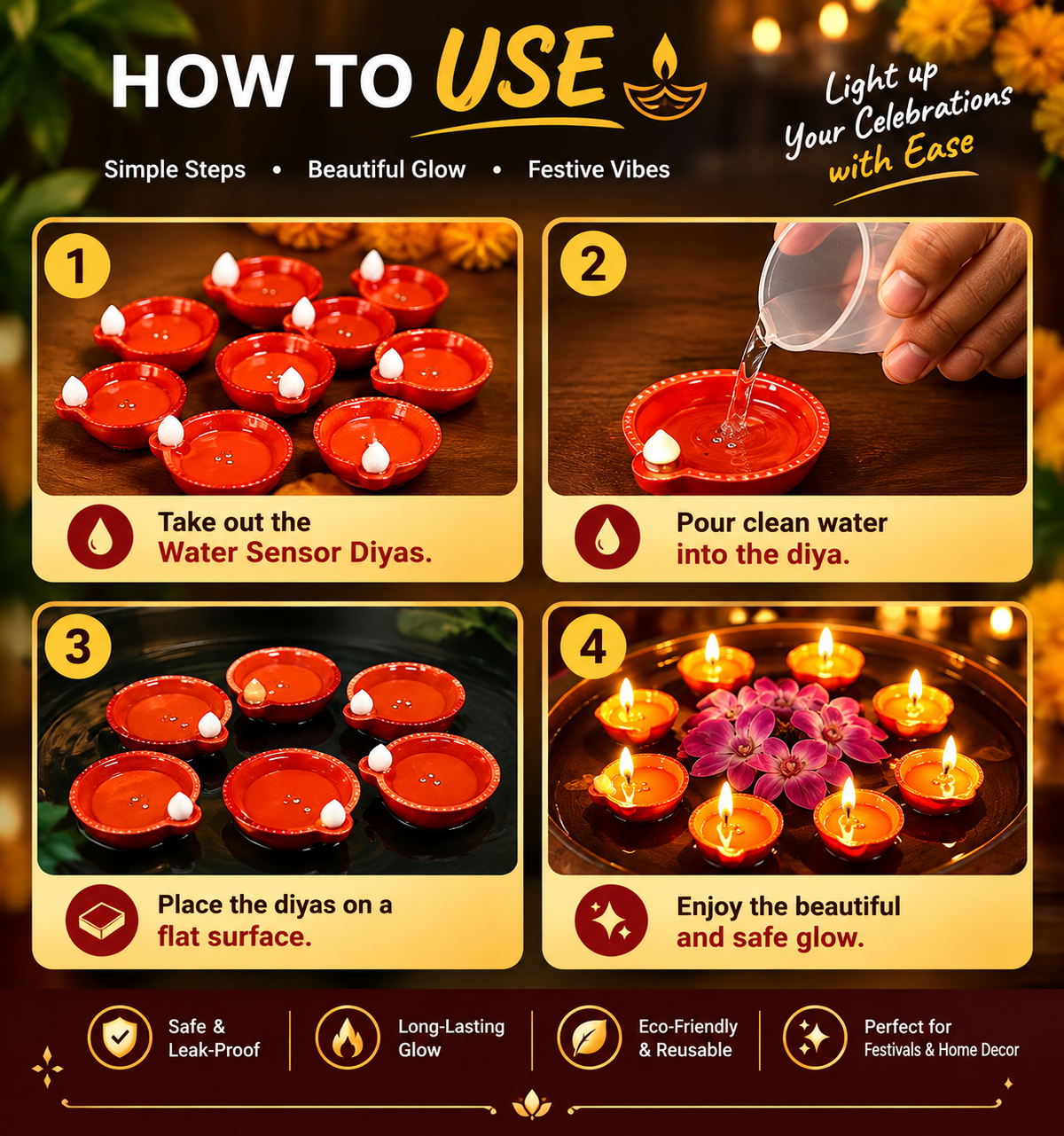 Water Sensor Diya Electric LED Diyas (Pack of 12)