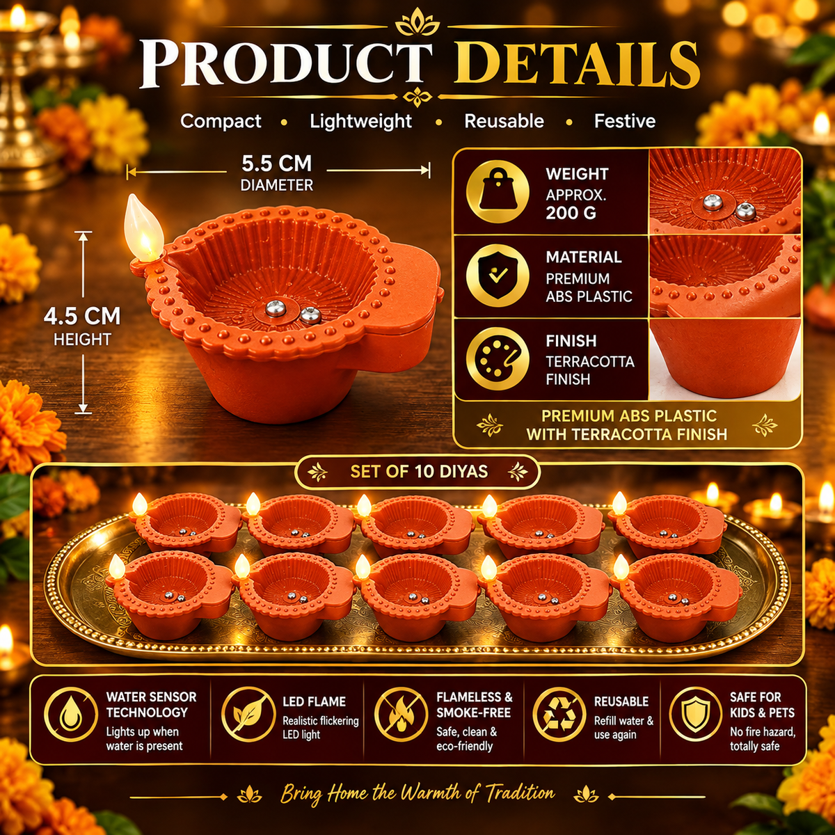 Water Sensor Diya Electric LED Diyas (Pack of 12)