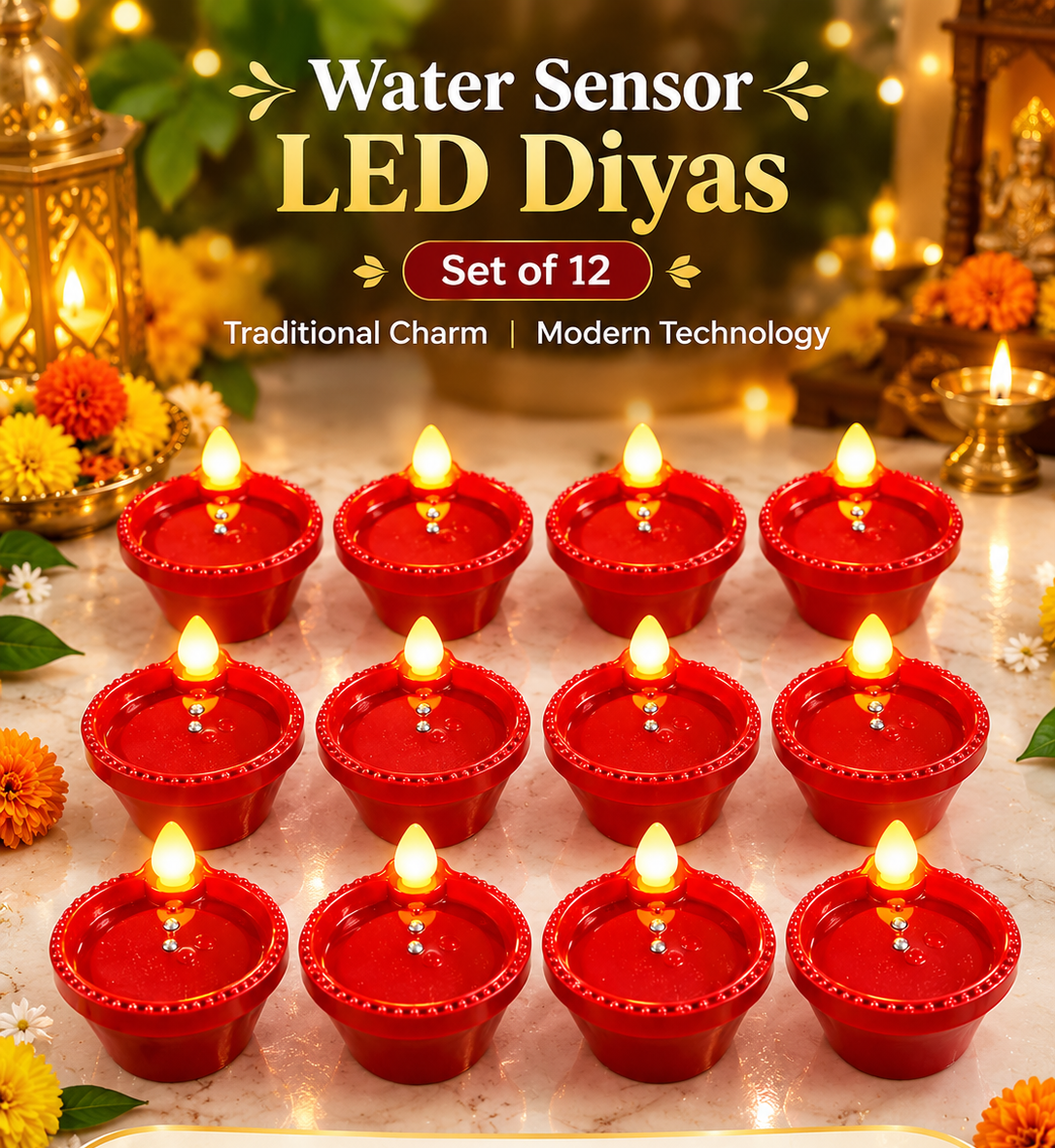 Water Sensor Diya Electric LED Diyas (Pack of 12)